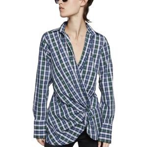 Zara Woman 100% Cotton Blue Green Plaid Twist Front Collared Top Women's Size S